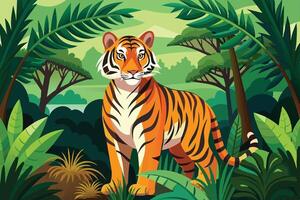 A vibrant tiger stands proudly in a lush green jungle, surrounded by tall trees and dense foliage in a digital artwork during daylight hours vector