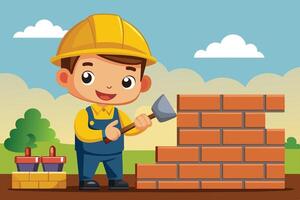 Cheerful child building a brick wall in a sunny outdoor setting with green trees and clouds in the background vector