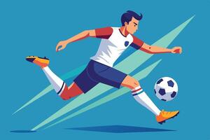 Young soccer player sprinting towards the ball on a vibrant blue background during a daytime match in an animated style vector