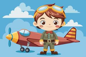 A young boy dressed as a pilot stands confidently in front of a colorful vintage airplane under a bright blue sky with fluffy clouds vector