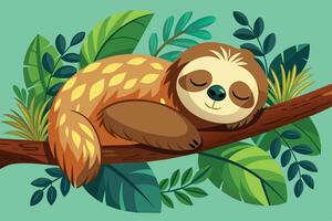 A cute sloth peacefully sleeping on a branch surrounded by vibrant green leaves in a tropical forest setting vector