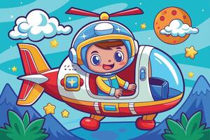 A cheerful child pilots a colorful helicopter against a bright sky filled with stars and clouds, surrounded by mountains and a whimsical landscape vector