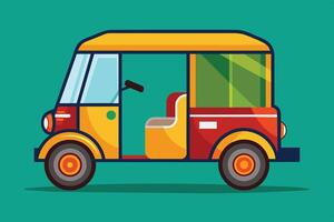 Colorful auto rickshaw parked on a vibrant background with a clear view of the open door and interior seating vector
