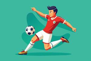 A soccer player in a red and white jersey skillfully strikes a ball on a vibrant green background during a sunny day of practice vector