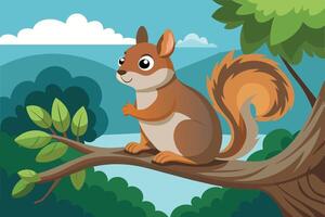 A cheerful squirrel perched on a tree branch in a colorful forest landscape during a sunny day vector