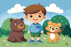 A cheerful boy stands between a friendly bear and a playful fox in a vibrant park setting during a sunny day vector