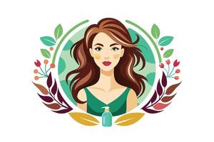 A woman with flowing hair surrounded by botanical elements in a colorful circular design in a serene natural setting vector