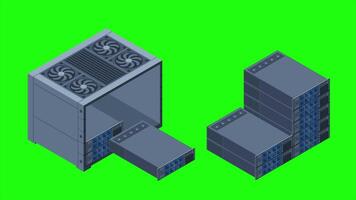 Isometric server animation. Server racks. Server boxes isolated. Network server room. Computer network technology. 4K animated in isometric style video