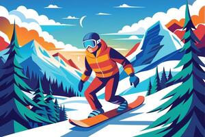 A snowboarder enjoys the vibrant slopes surrounded by majestic mountains and tall evergreen trees on a sunny day in the winter season vector