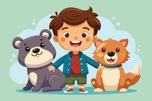 A cheerful boy smiles while posing with a bear and dog in a playful cartoon setting during a sunny day at home vector