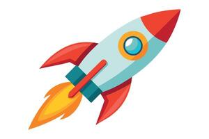 Colorful rocket launching upward against a white background with bright flames and sleek design, symbolizing adventure and exploration vector