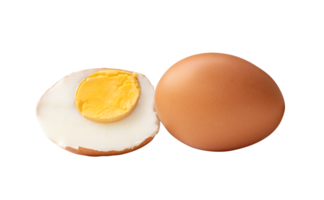 Side view of boiled or cooked brown chicken eggs with half and egg yolk in stack isolated with clipping path in file format png