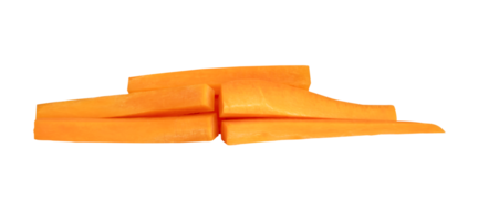 Side view of orange carrot slice or piece in stick shape in stack isolated with clipping path in file format png