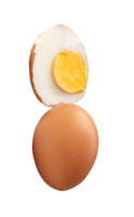 Top view of boiled or cooked brown chicken eggs with half and egg yolk in stack isolated with clipping path in file format png