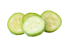 Front view of green cucumber slices or pieces in stack isolated with clipping path in file format png