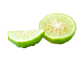 Front view of fresh green bergamot fruits or kaffir lime with half but no green leaf in stack isolated with clipping path in file format png