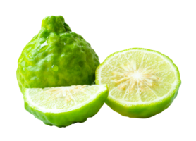 Front view of fresh green bergamot fruits or kaffir lime with half and quarter or slices but no green leaf in stack isolated with clipping path in file format png