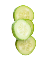 Front view of green cucumber slices or pieces in stack isolated with clipping path in file format png
