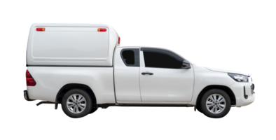 Side view of white delivery pickup truck with cab isolated with clipping path in file format png