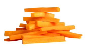 Side view of orange carrot slice or piece in stick shape in stack isolated with clipping path in file format png