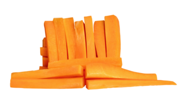 Side view of orange carrot slice or piece in stick shape in stack isolated with clipping path in file format png