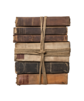 stack of vintage books tied with rustic twine showcasing aged covers and textures on isolated background png
