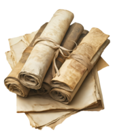 bundle of aged parchment scrolls tied with rustic ribbon showcasing antique paper texture on isolated background png