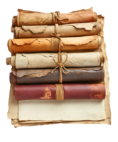stack of ancient parchment scrolls tied with rustic twine showing aged paper and weathered texture on isolated background png