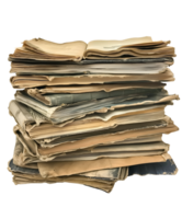 stack of aged books and weathered paperbacks with torn edges and vintage texture on isolated background png