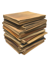 stack of old library books with barcode stickers showing weathered pages and aged covers isolated background png
