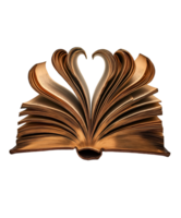open vintage book with curled pages creating a heart shape isolated background png