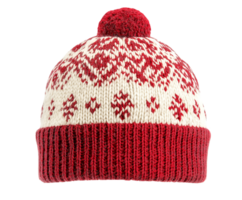 knit winter hat with intricate nordic snowflake pattern in red and white isolated background png