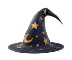 blue wizard's hat with crescent moon and star patterns featuring a pointed tip for magical costume designs isolated background png