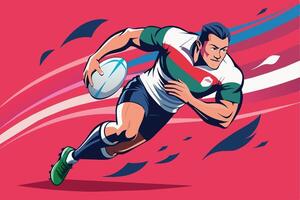 Dynamic rugby player sprinting forward with the ball on a vibrant abstract background during a competitive match vector