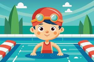 A young boy with swimming goggles enjoying a sunny day in a lively pool surrounded by vibrant greenery vector