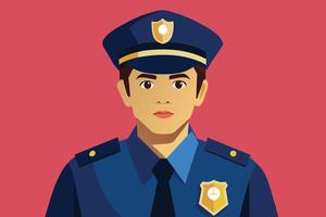 A young police officer stands confidently against a bright background, showcasing a modern uniform and badge during a community engagement event vector
