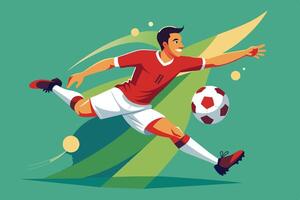 A dynamic soccer player in action kicking a ball on a vibrant green background during a competitive match vector