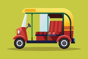 Colorful auto rickshaw parked on a vibrant background with a clear design showcasing its unique structure and seating inside vector