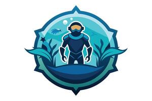 Diver exploring underwater ecosystem in vibrant waters with marine plants and fish in an artistic design vector
