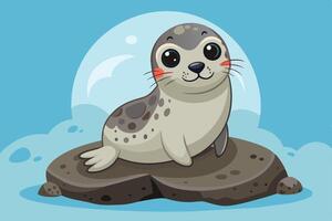 Cute cartoon seal lounging on a rock under a bright sky with playful clouds and a cheerful expression vector