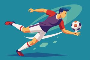 A soccer player dives to make an impressive save during an intense match on a vibrant green field in a competitive atmosphere vector