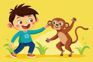 A cheerful child plays with a friendly monkey in a vibrant yellow setting filled with green foliage and joyful expressions vector