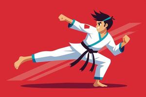 Martial artist performing a dynamic kick against a vibrant red background in a traditional karate uniform during a training session vector