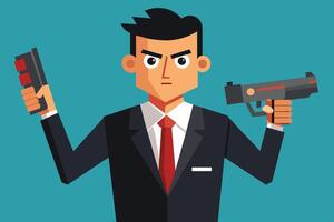 A confident man in a suit holding a futuristic gun and a remote device against a turquoise background, representing action and suspense vector