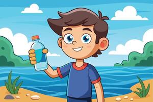 A cheerful boy holding a water bottle by the edge of a calm lake surrounded by lush greenery on a sunny day vector