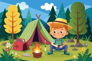 A young camper enjoying nature by the campfire near a tent surrounded by trees and mountains during a sunny day in a vibrant forest vector