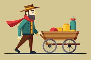 A man with a beard and hat pushes a wooden cart loaded with fruits and gold coins across a plain background vector