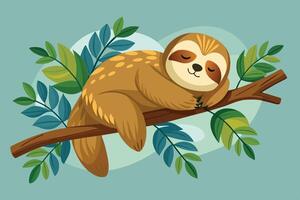 A cute sloth peacefully resting on a branch amidst lush green leaves in a tranquil jungle setting vector
