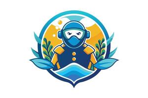 A colorful underwater explorer mascot design featuring a diver with plants and waves in a vibrant circular backdrop vector