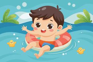 Happy child enjoying a summer day floating in a vibrant pool on a colorful inflatable ring with playful ducks around vector